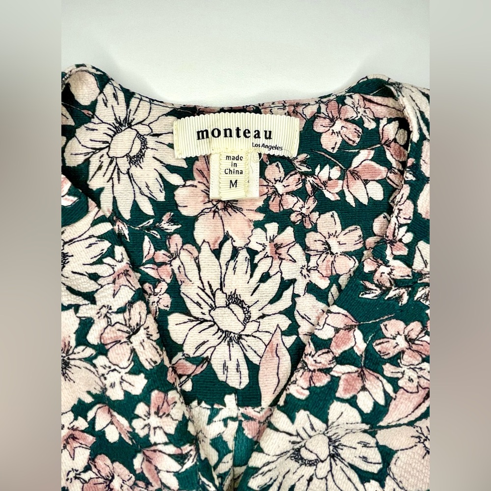 Monteau Floral V-Neck Faux Wrap Ties Peplum Blouse Flutter Sleeve in Pink Green - Picture 3 of 8